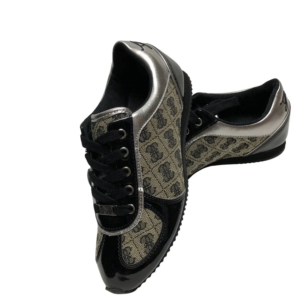 Guess Womens Logo Jacquard Sneakers Black Patent Leather Lace Up Shoes 5 NIB